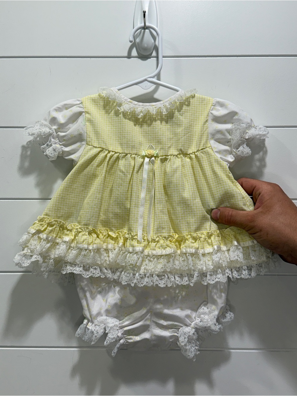 Vintage Sesame Street Yellow and White Gingham Dress with Lace Trim